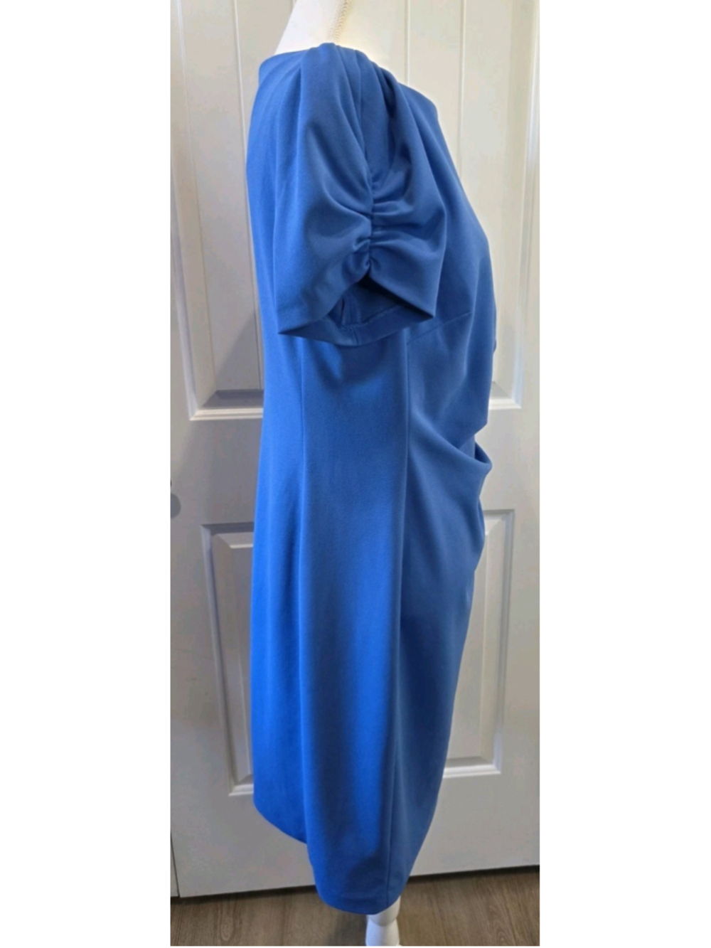 Karl Lagerfeld Womens Short Ruched Sleeve Jewel Blue Neck Sheath Dress Size 12 - Picture 6 of 12